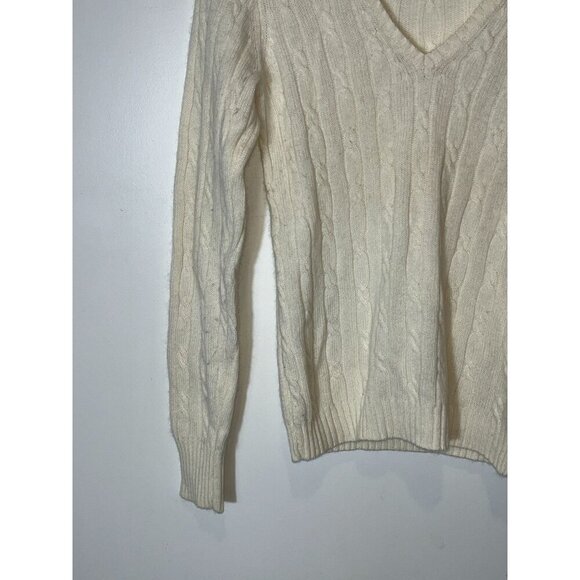 J.Crew Ivory Cable Knit Cashmere Merino Wool Angora V-Neck Sweater Small WOMENS - Picture 3 of 7